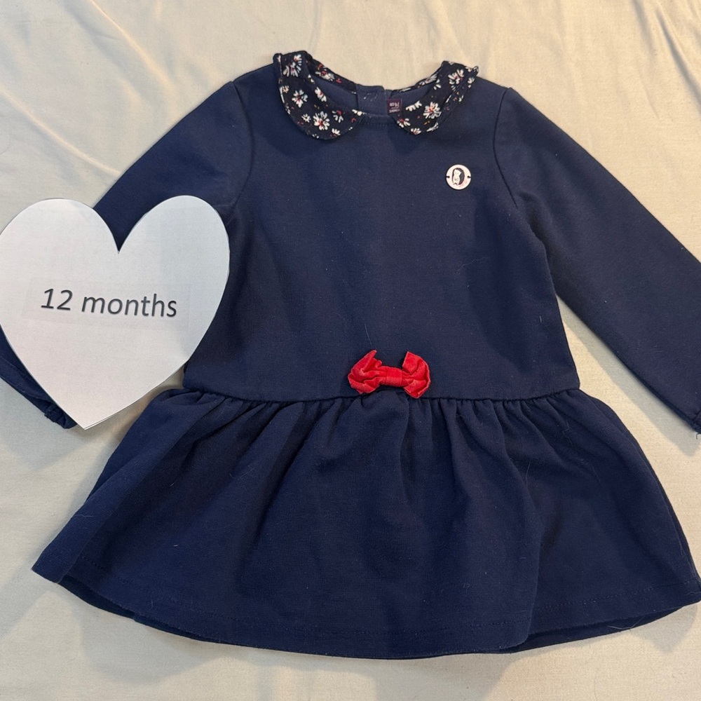 Sergent Major - Navy Blue Baby Dress with Floral Collar and Red Bow